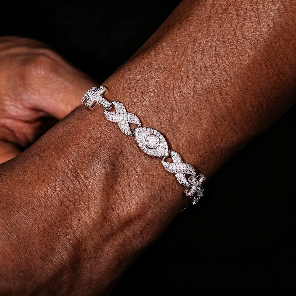 10mm VVS Moissanite Evil Eye Infinity Cross Bracelet in 925 Sterling Silver
