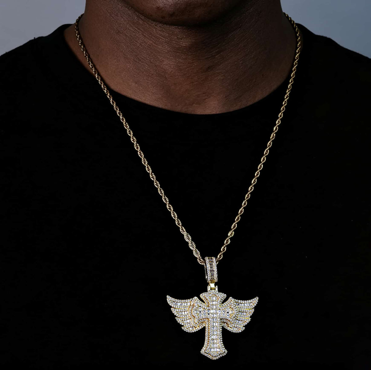 925S & VVS Moissanite Angel Wings Cross Pendant