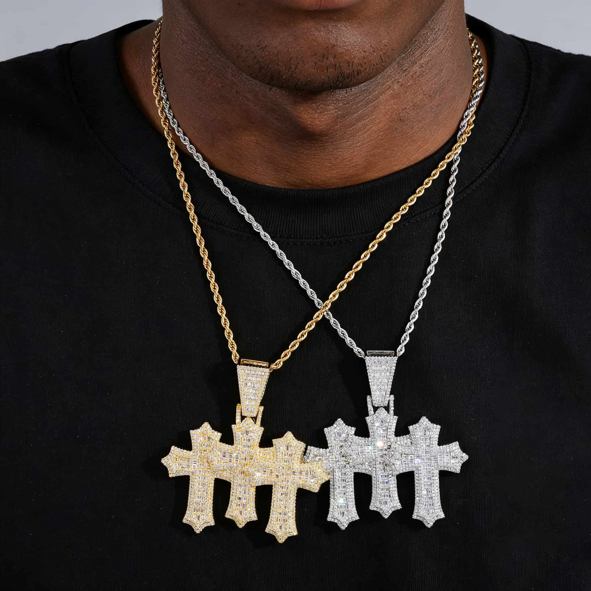 Iced Out Baguette CZ Triple Cross Pendant in Gold & White Gold Plated