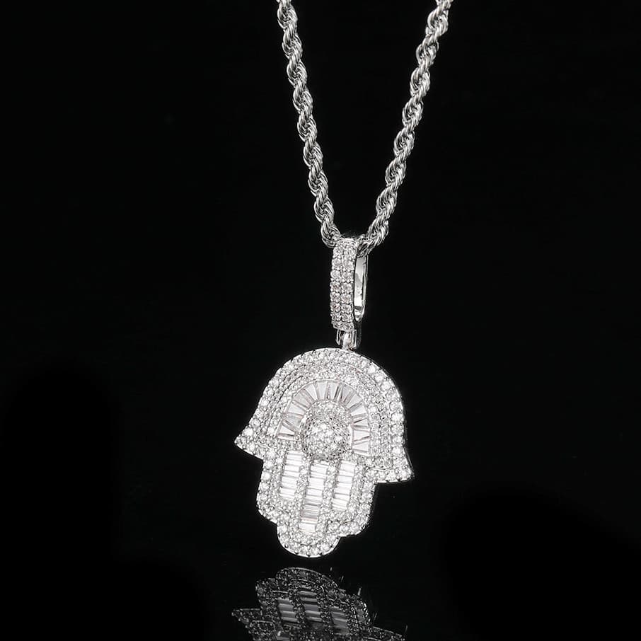 Micro Baguette CZ Hamsa Hand Pendant in Gold & White Gold Plated
