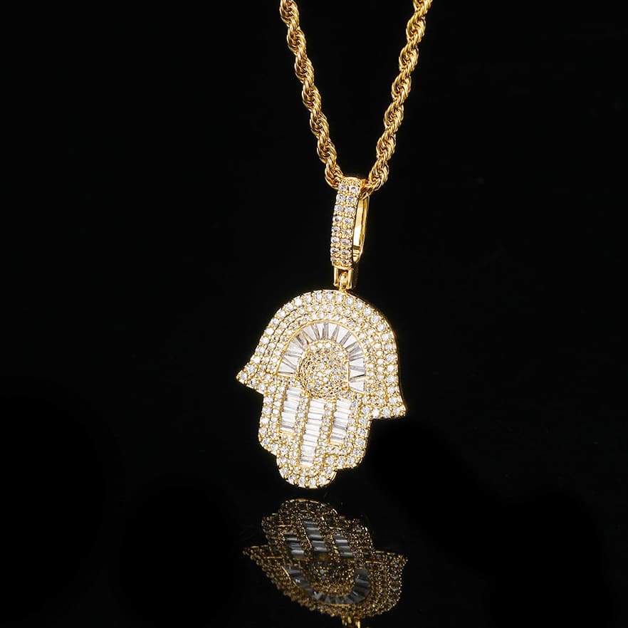 Micro Baguette CZ Hamsa Hand Pendant in Gold & White Gold Plated