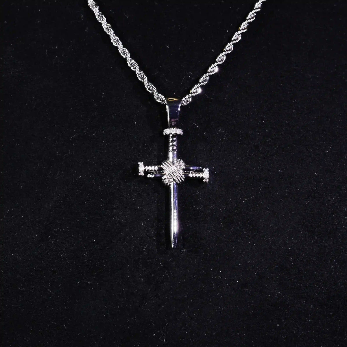 Iced Nail Cross Pendant in White Gold