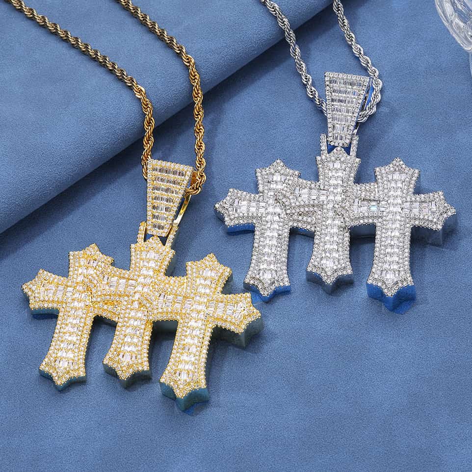 Iced Out Baguette CZ Triple Cross Pendant in Gold & White Gold Plated