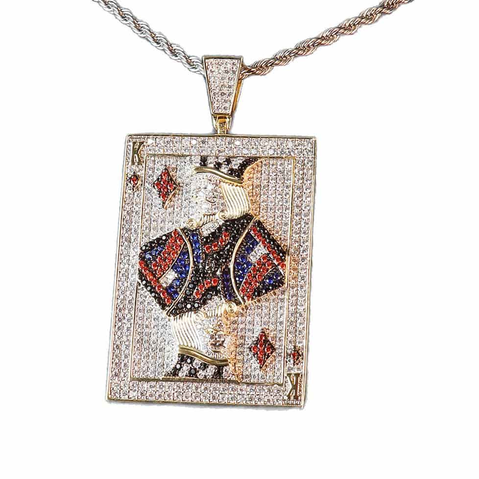 Iced Out CZ King of Diamonds Card Pendant – 14K Gold Plated