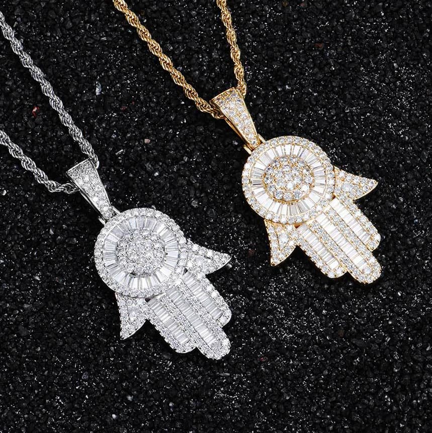 Iced Out CZ Evil Eye Hamsa Hand Pendant in Gold & White Gold Plated