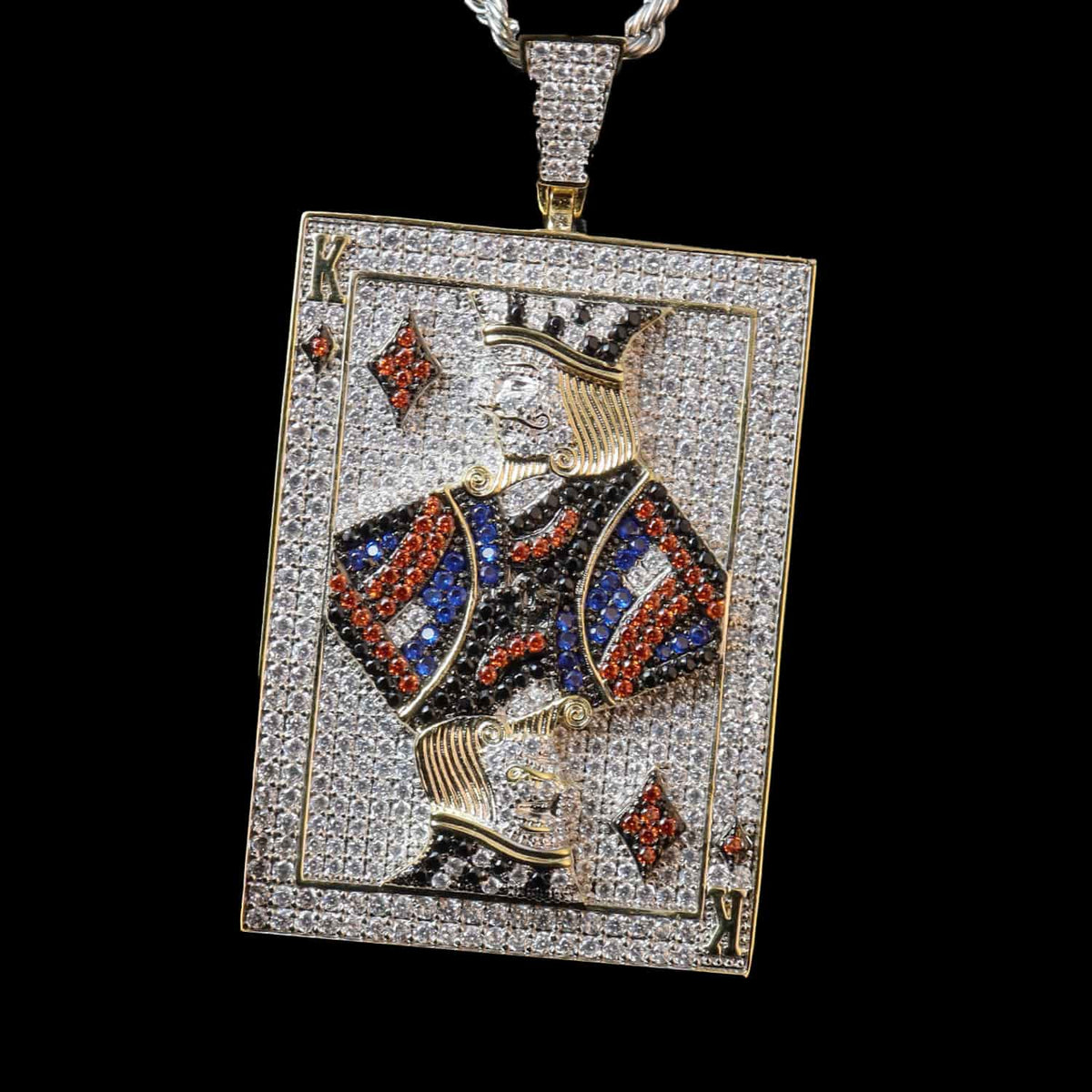 Iced Out CZ King of Diamonds Card Pendant – 14K Gold Plated