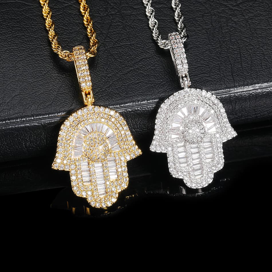 Micro Baguette CZ Hamsa Hand Pendant in Gold & White Gold Plated