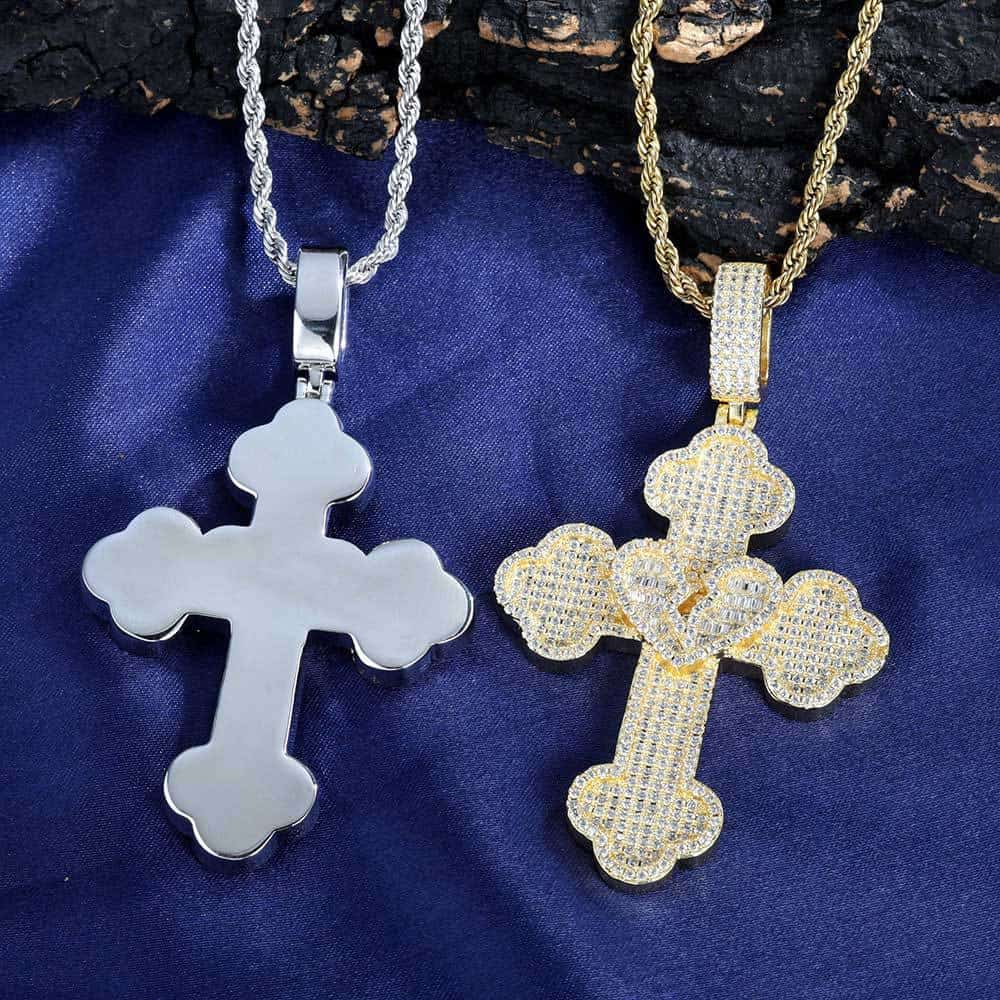 Iced Out CZ Broken Heart Cross Pendant in Gold & White Gold Plated