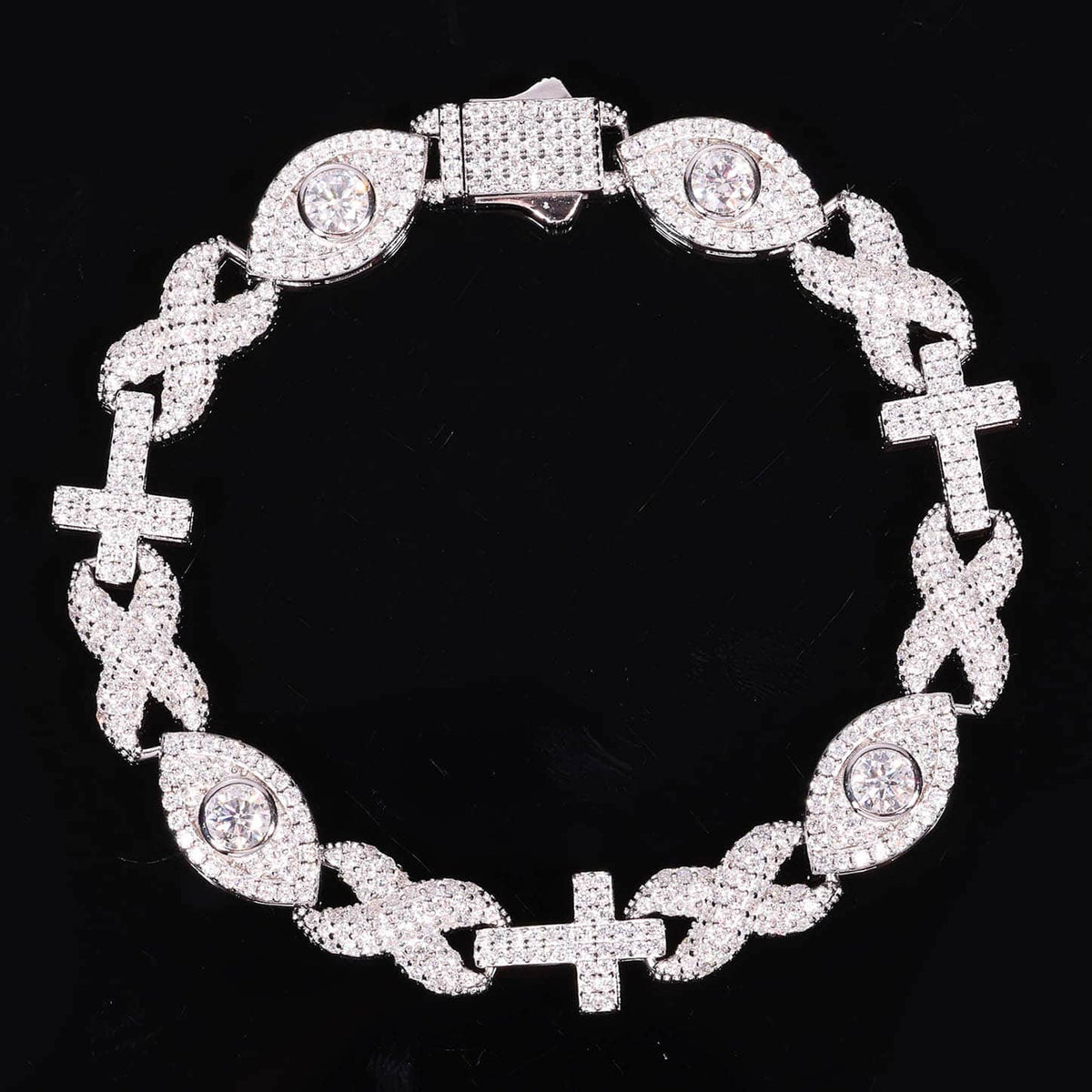 10mm VVS Moissanite Evil Eye Infinity Cross Bracelet in 925 Sterling Silver