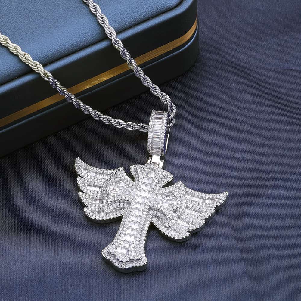 925S & VVS Moissanite Angel Wings Cross Pendant