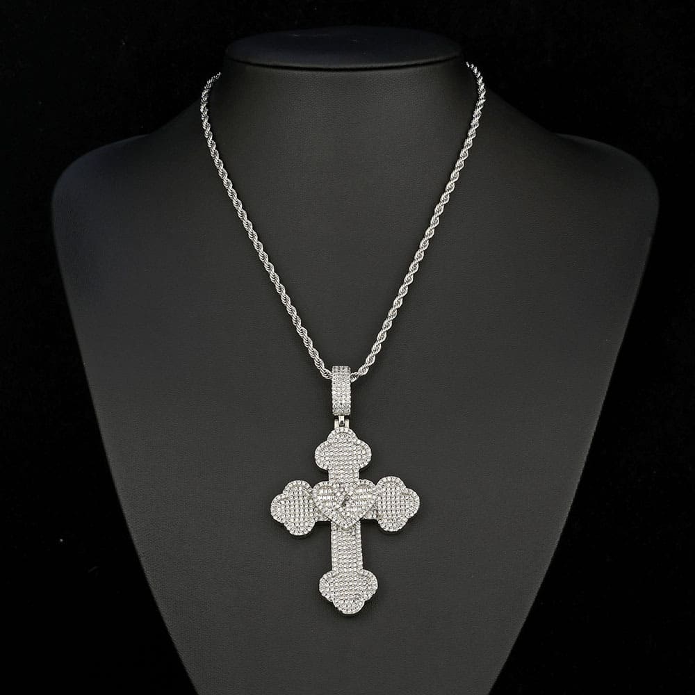 Iced Out CZ Broken Heart Cross Pendant in Gold & White Gold Plated