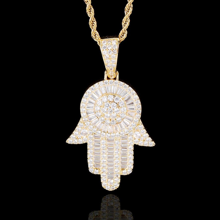 Iced Out CZ Evil Eye Hamsa Hand Pendant in Gold & White Gold Plated