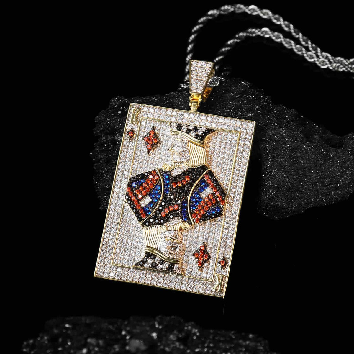 Iced Out CZ King of Diamonds Card Pendant – 14K Gold Plated