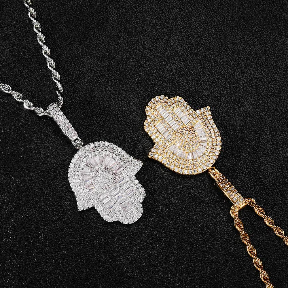 Micro Baguette CZ Hamsa Hand Pendant in Gold & White Gold Plated