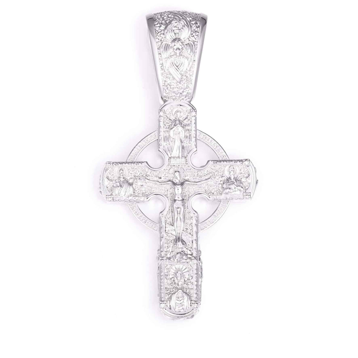 Iced Out CZ Celtic Cross Pendant in White Gold Plated