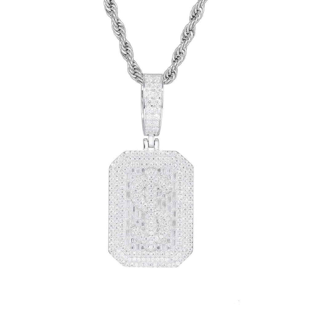 VVS Moissanite Baguette Dollar Sign Plaque Pendant in 925 Sterling Silver