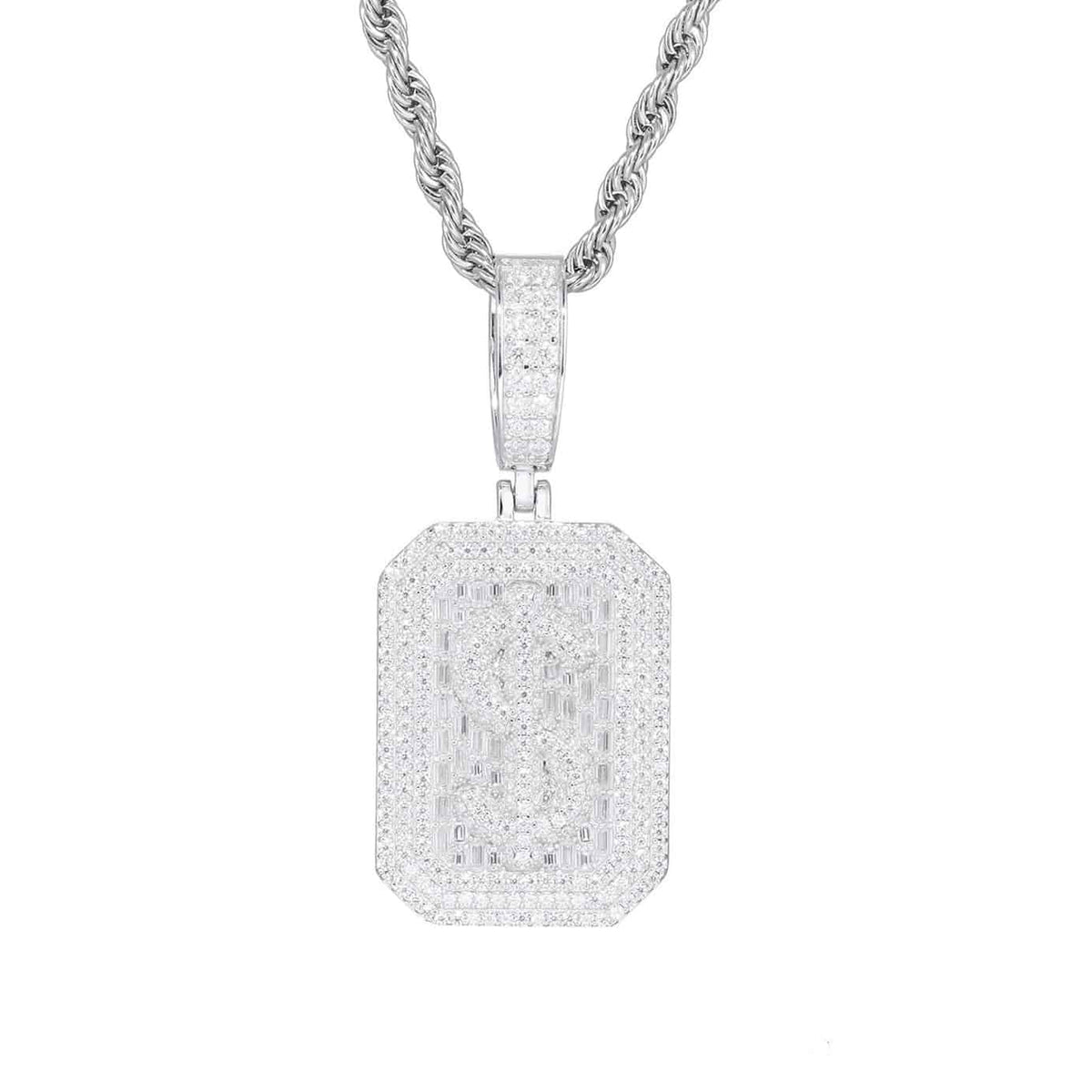 VVS Moissanite Baguette Dollar Sign Plaque Pendant in 925 Sterling Silver