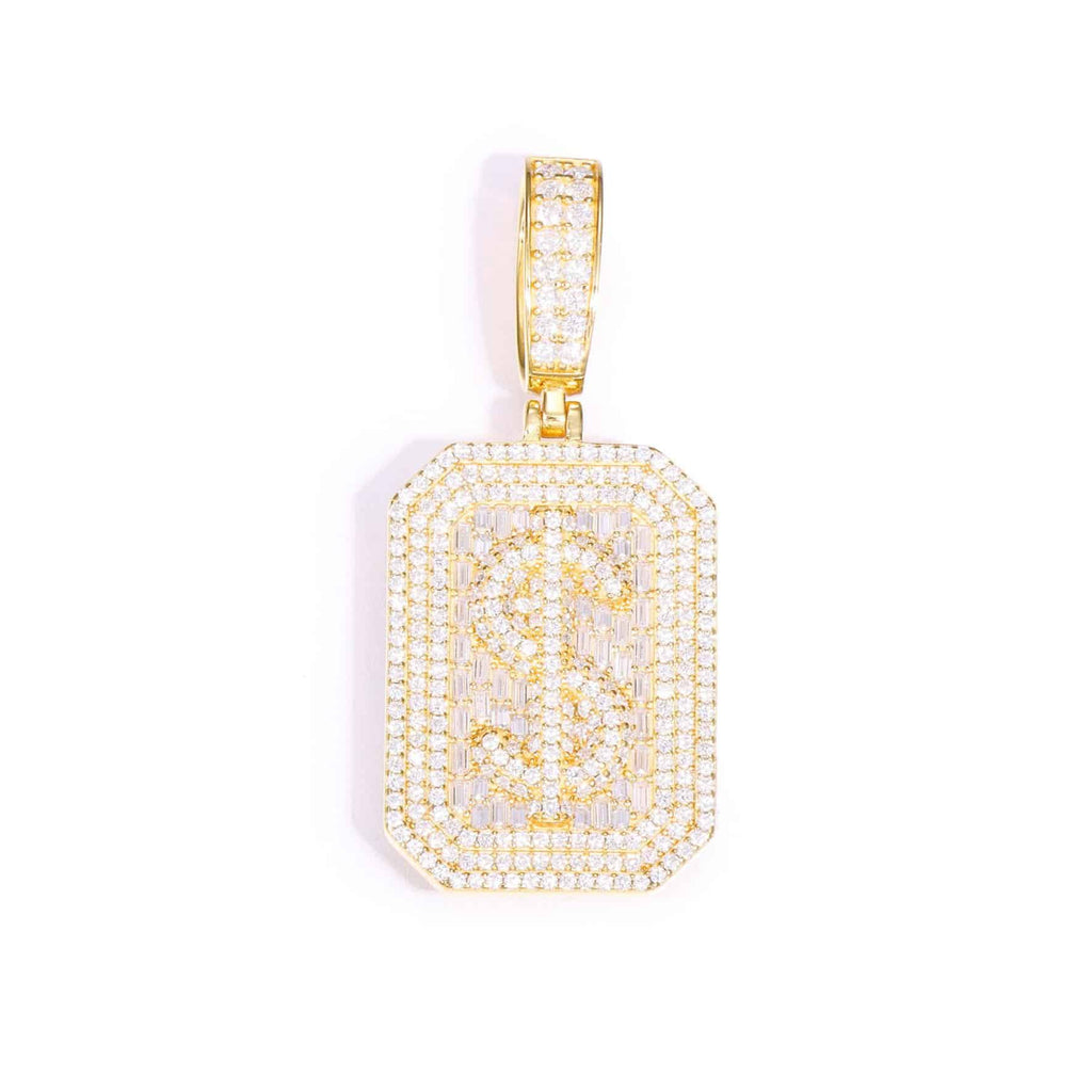 VVS Moissanite Baguette Dollar Sign Plaque Pendant in 925 Sterling Silver