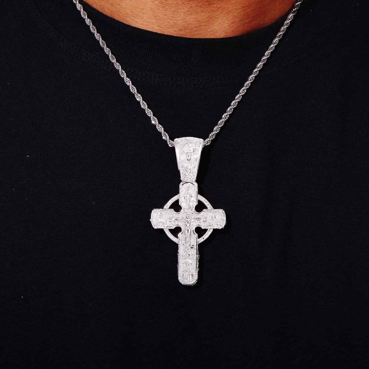 Iced Out CZ Celtic Cross Pendant in White Gold Plated