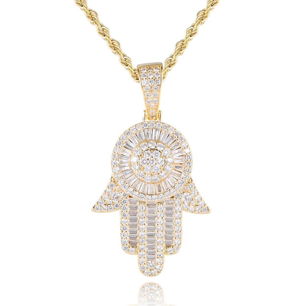 Iced Out CZ Evil Eye Hamsa Hand Pendant in Gold & White Gold Plated