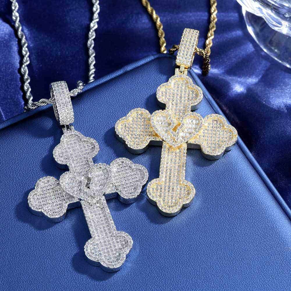 Iced Out CZ Broken Heart Cross Pendant in Gold & White Gold Plated