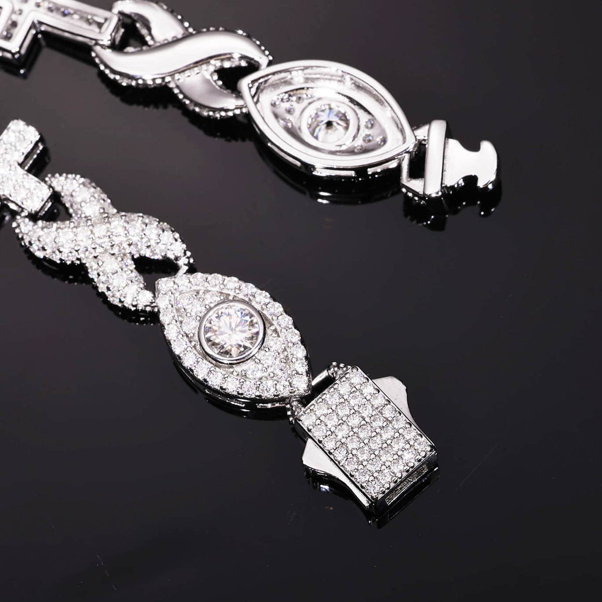10mm VVS Moissanite Evil Eye Infinity Cross Bracelet in 925 Sterling Silver