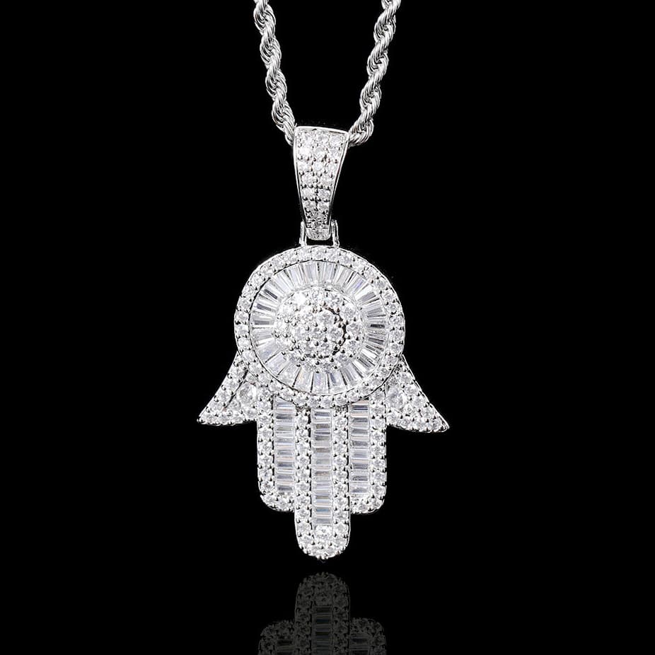 Iced Out CZ Evil Eye Hamsa Hand Pendant in Gold & White Gold Plated