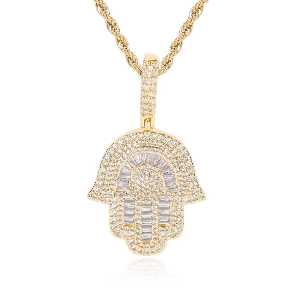 Micro Baguette CZ Hamsa Hand Pendant in Gold & White Gold Plated