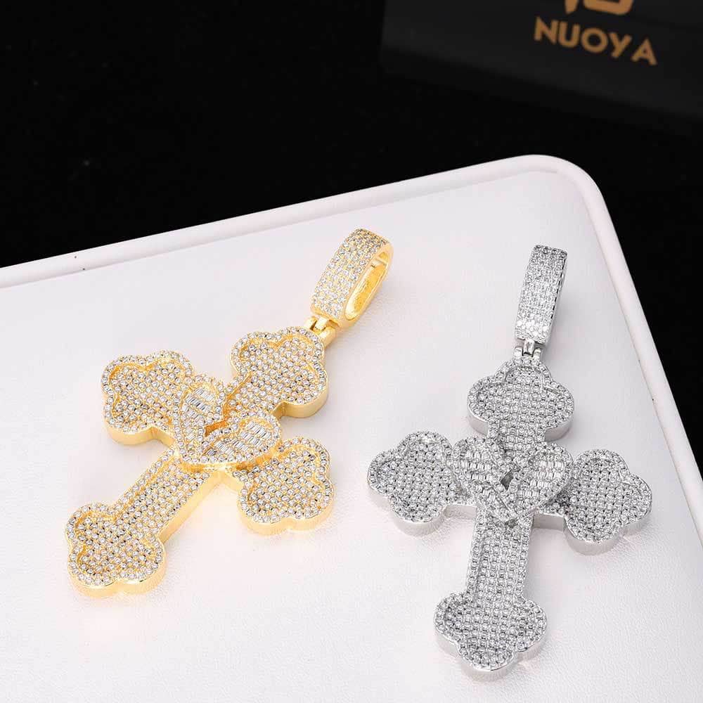 Iced Out CZ Broken Heart Cross Pendant in Gold & White Gold Plated