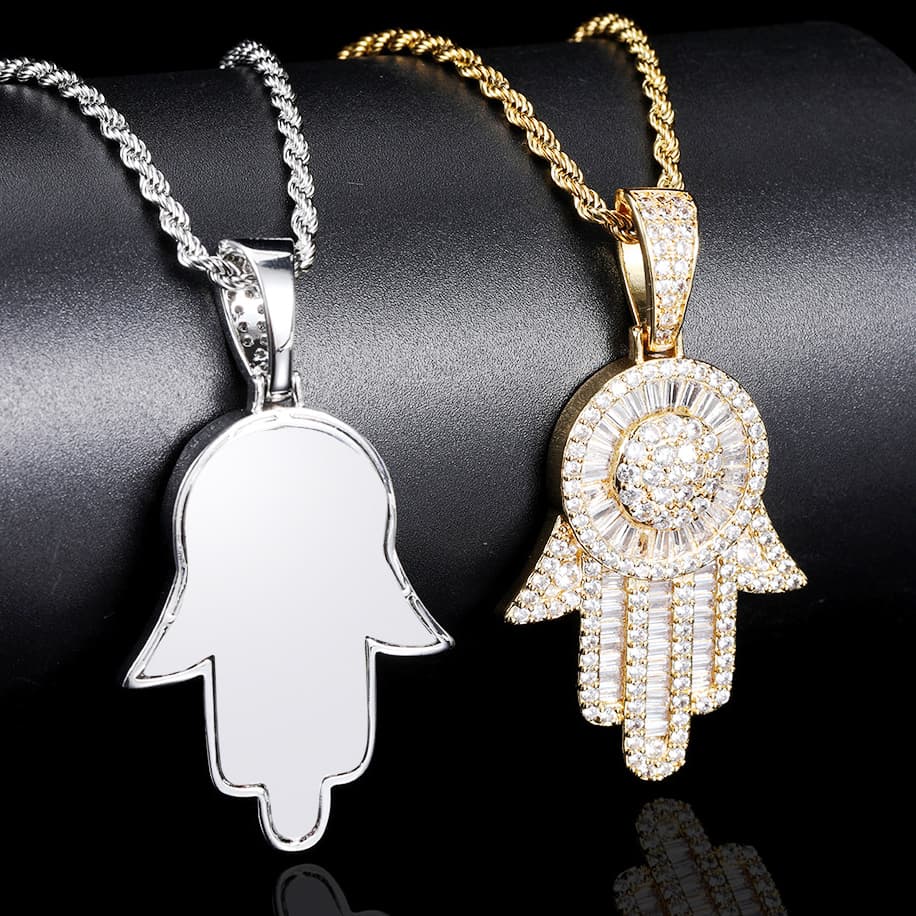 Iced Out CZ Evil Eye Hamsa Hand Pendant in Gold & White Gold Plated