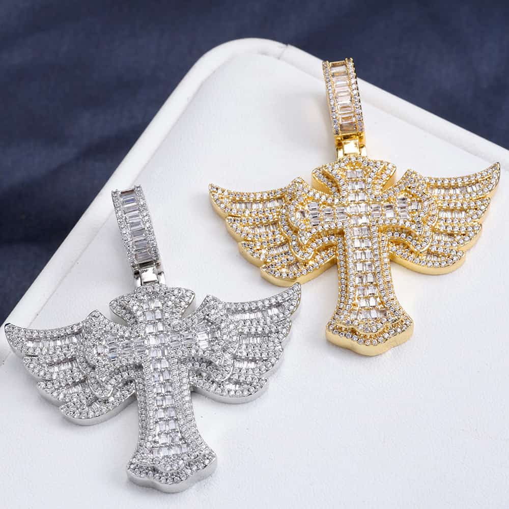 925S & VVS Moissanite Angel Wings Cross Pendant