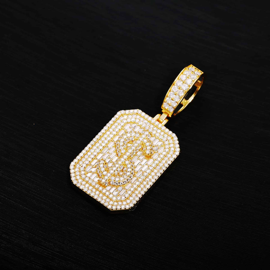 VVS Moissanite Baguette Dollar Sign Plaque Pendant in 925 Sterling Silver