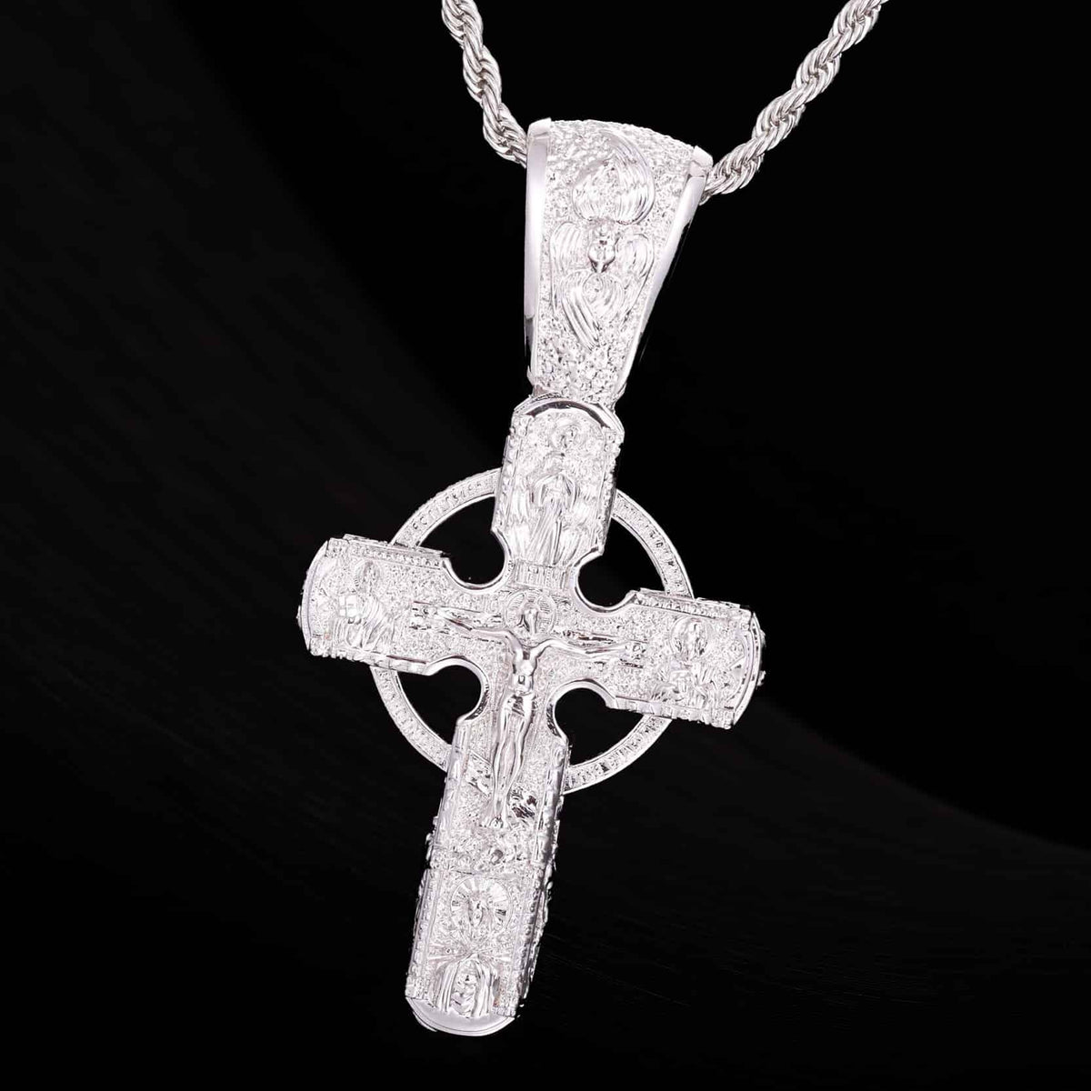 Iced Out CZ Celtic Cross Pendant in White Gold Plated