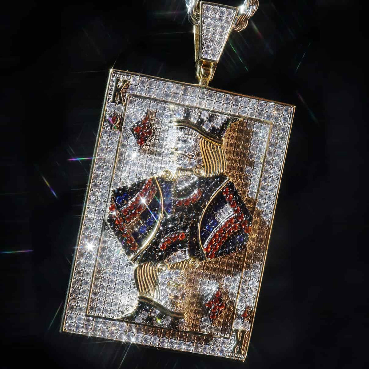 Iced Out CZ King of Diamonds Card Pendant – 14K Gold Plated