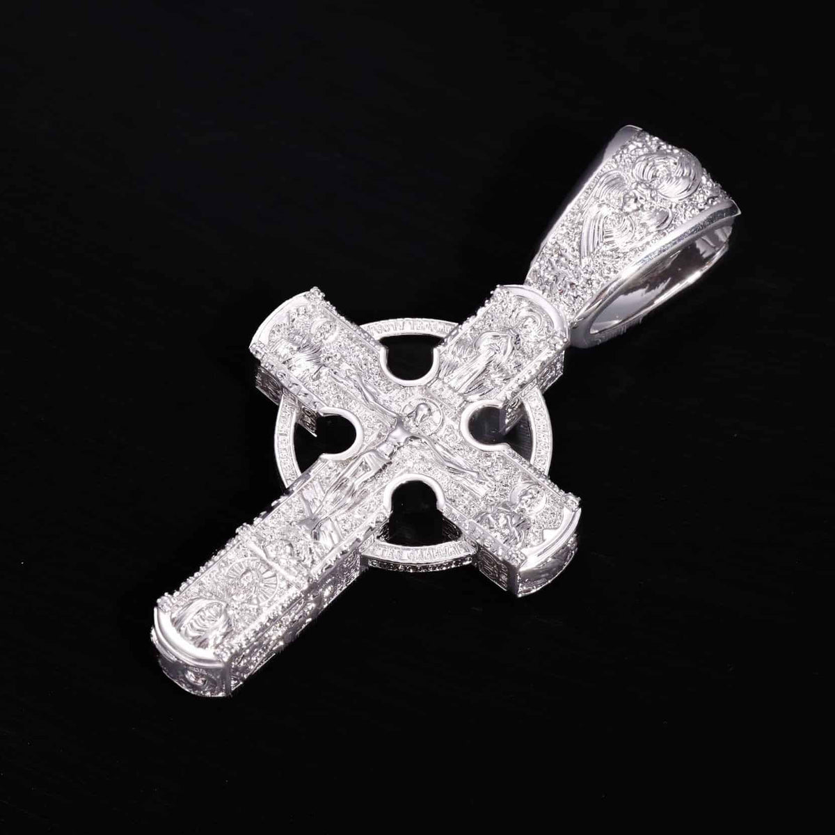 Iced Out CZ Celtic Cross Pendant in White Gold Plated