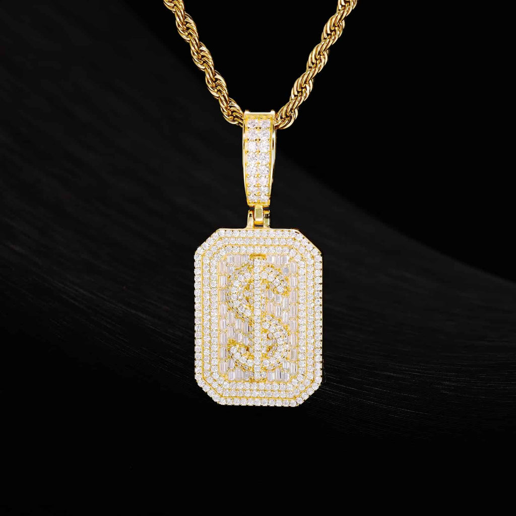 VVS Moissanite Baguette Dollar Sign Plaque Pendant in 925 Sterling Silver