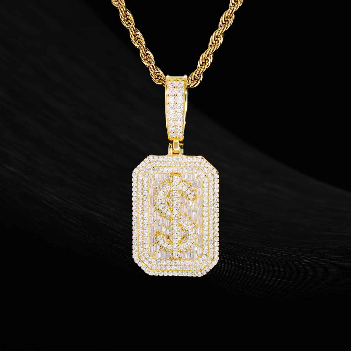 VVS Moissanite Baguette Dollar Sign Plaque Pendant in 925 Sterling Silver