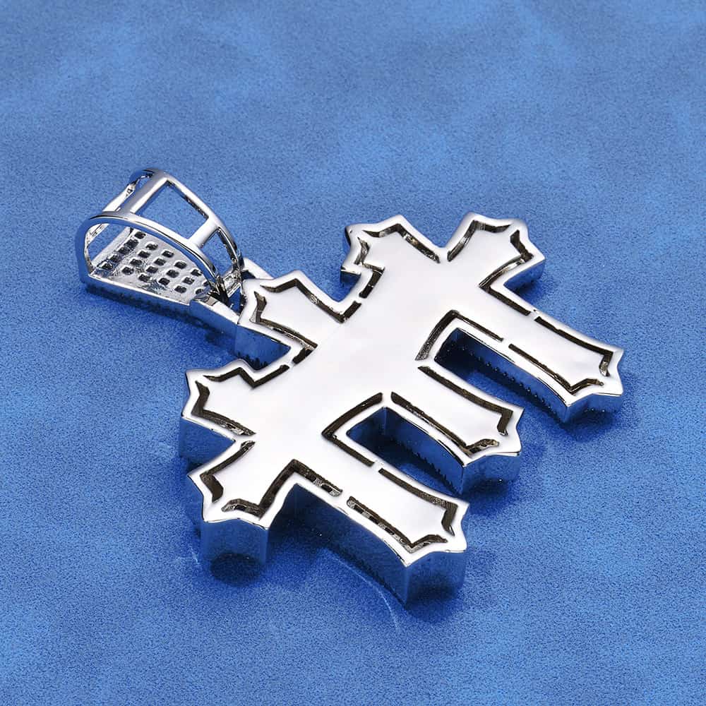 Iced Out Baguette CZ Triple Cross Pendant in Gold & White Gold Plated