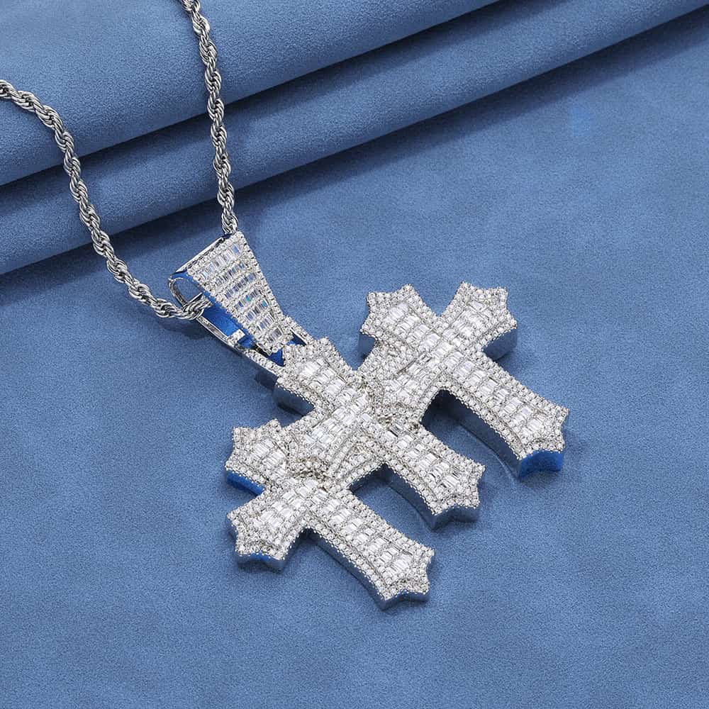 Iced Out Baguette CZ Triple Cross Pendant in Gold & White Gold Plated